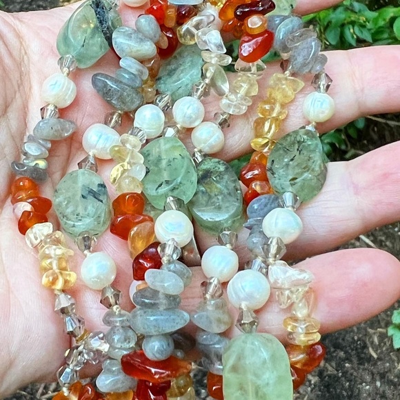 VINTAGE LARGEPREHNITELABRADORITE CITRINE PEARL AGATE CRYSTAL 925 SS NECKLACE